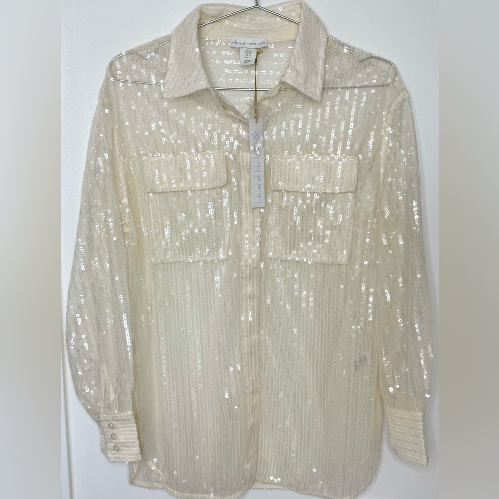 House of Harlow 1960 Cream Sequin Button-Down Shirt